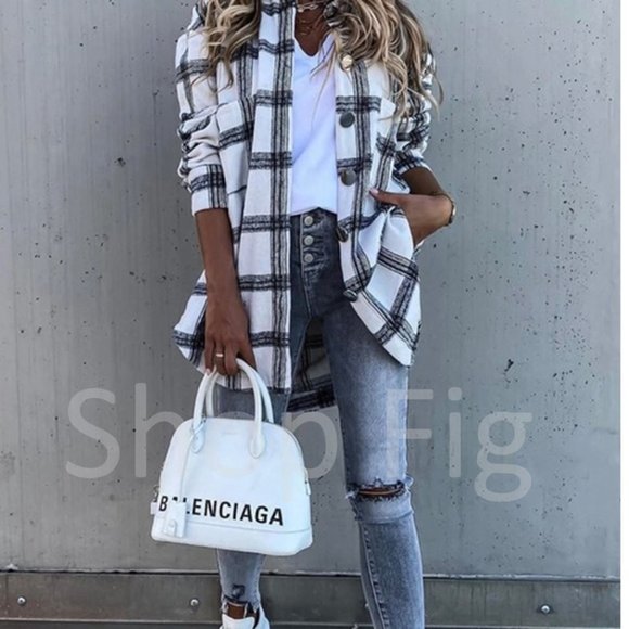 New Plaid Stripe Flannel Shirt Jacket Shacket Top Oversized - Picture 5 of 8